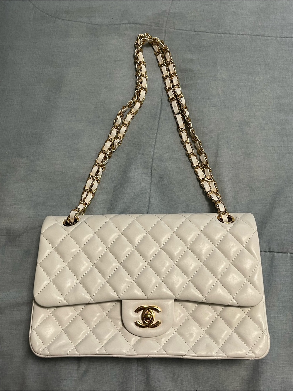 White Quilted Leather Shoulder Bag with Gold Hardware